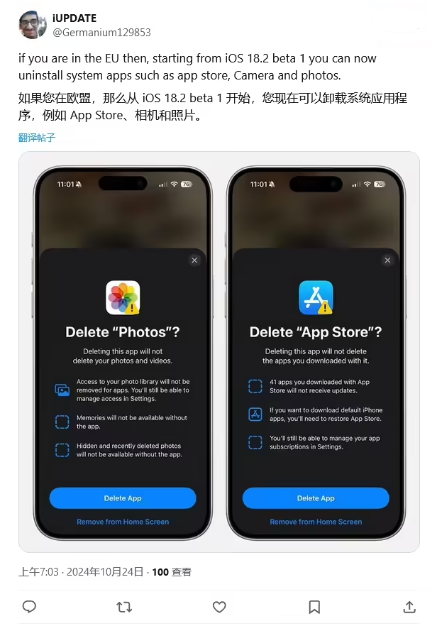 喀左苹果手机维修分享iOS 18.2 支持删除 App Store 应用商店 