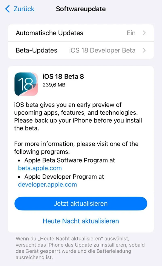 喀左苹果手机维修分享苹果 iOS / iPadOS 18 开发者预览版 Beta 8 发布 